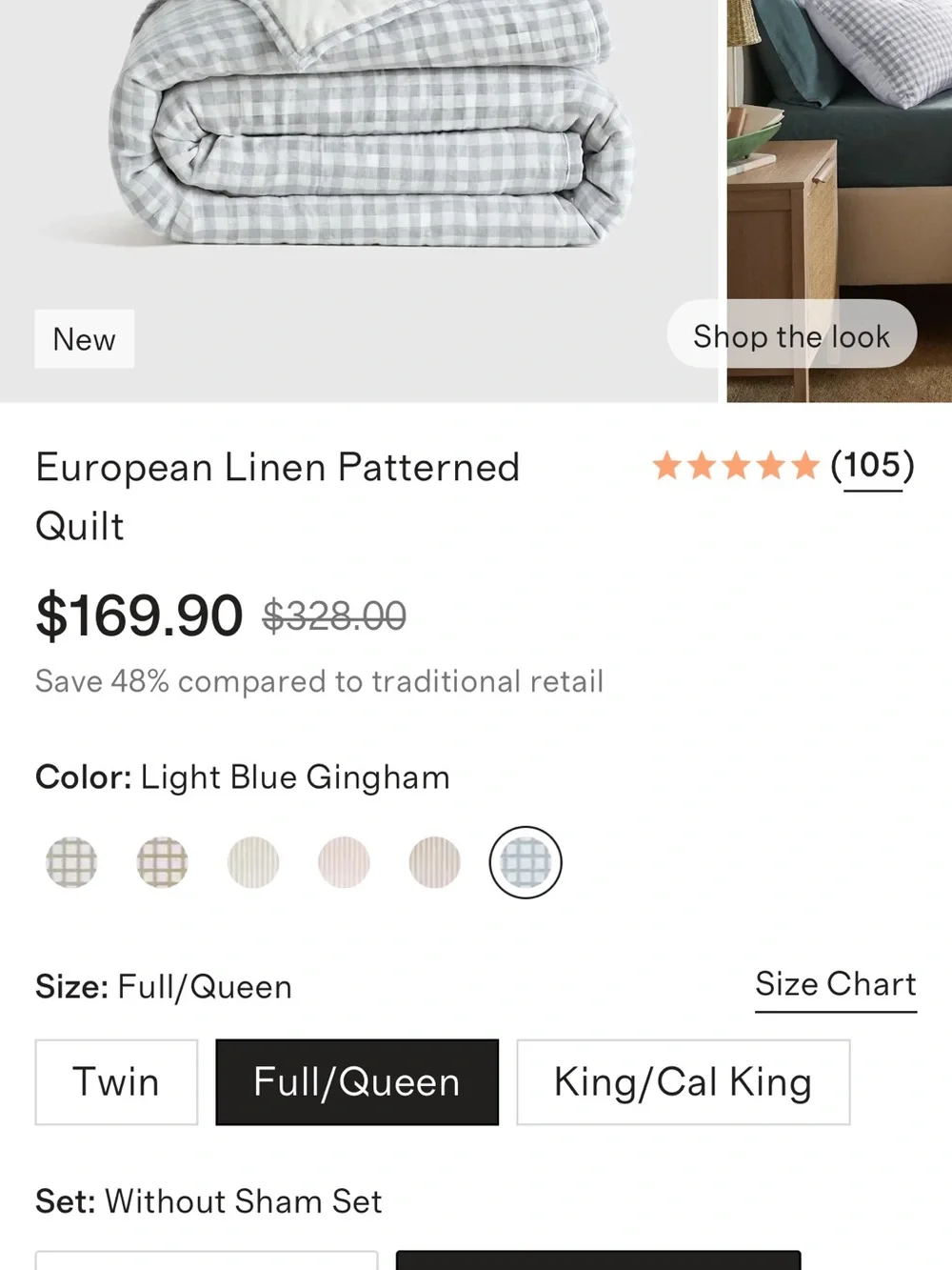 Light Blue Full/Queen Linen Gingham Quilt - Retail $170